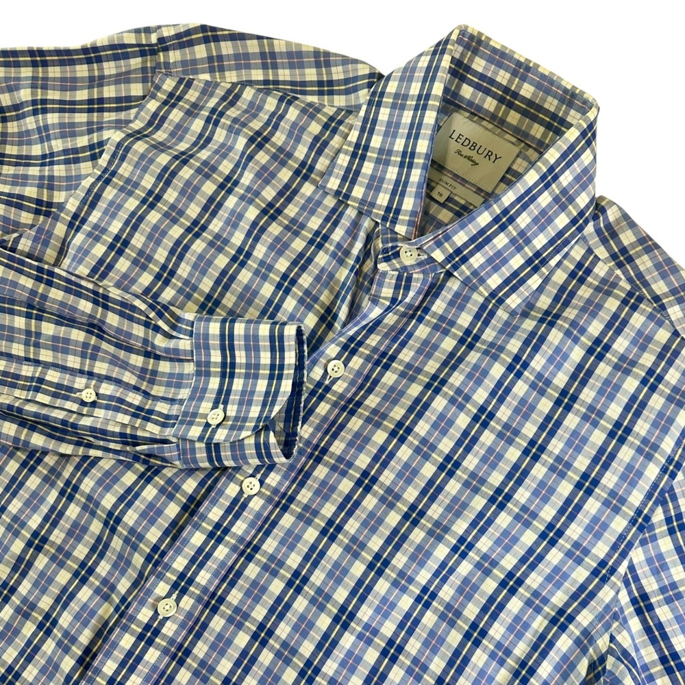 Ledbury Men's Fine Shirting Plaid Long Sleeve Slim Fit Button Down Shirt Size 16